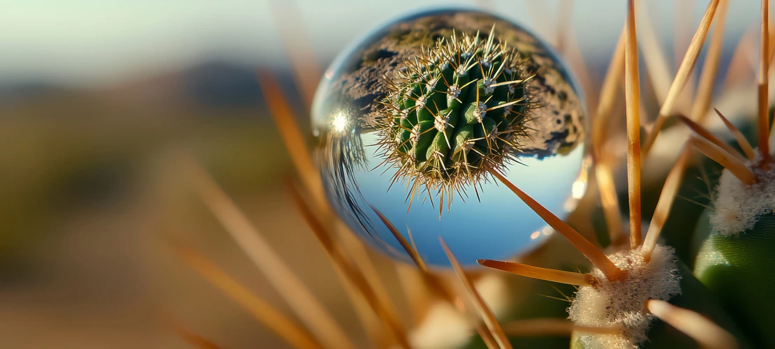 Cactus with a clear bubble in the middle of it. The bubble is reflecting the cactus. Adobe Stock 1500103206