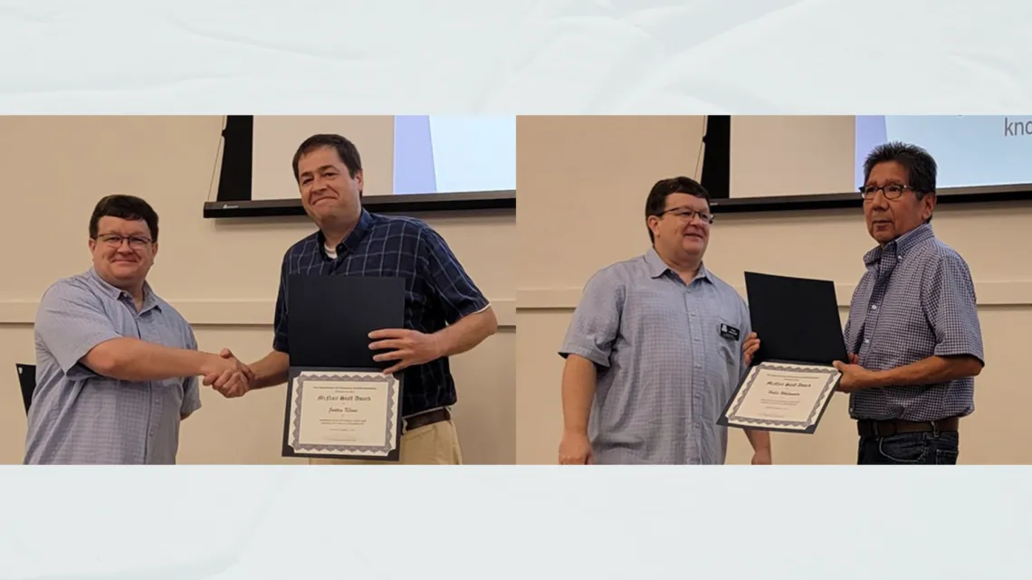 McNair Awardees Justan Klaus (left photo) and Hollis Whitewater (right photo) standing next to Craig Aspinwall