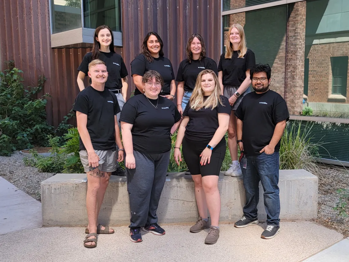 Top (left to right): Kate Gold (Professional Development), Sydney Cordova (Secretary), Jenna Courey (Outreach Chair), and Annika Silverberg (Social Chair); Bottom (left to right): Colin Dral (Treasurer), Lily North (Treasurer), Lindsey Holmen (President), and Tapasyatanu Dash (Vice President)